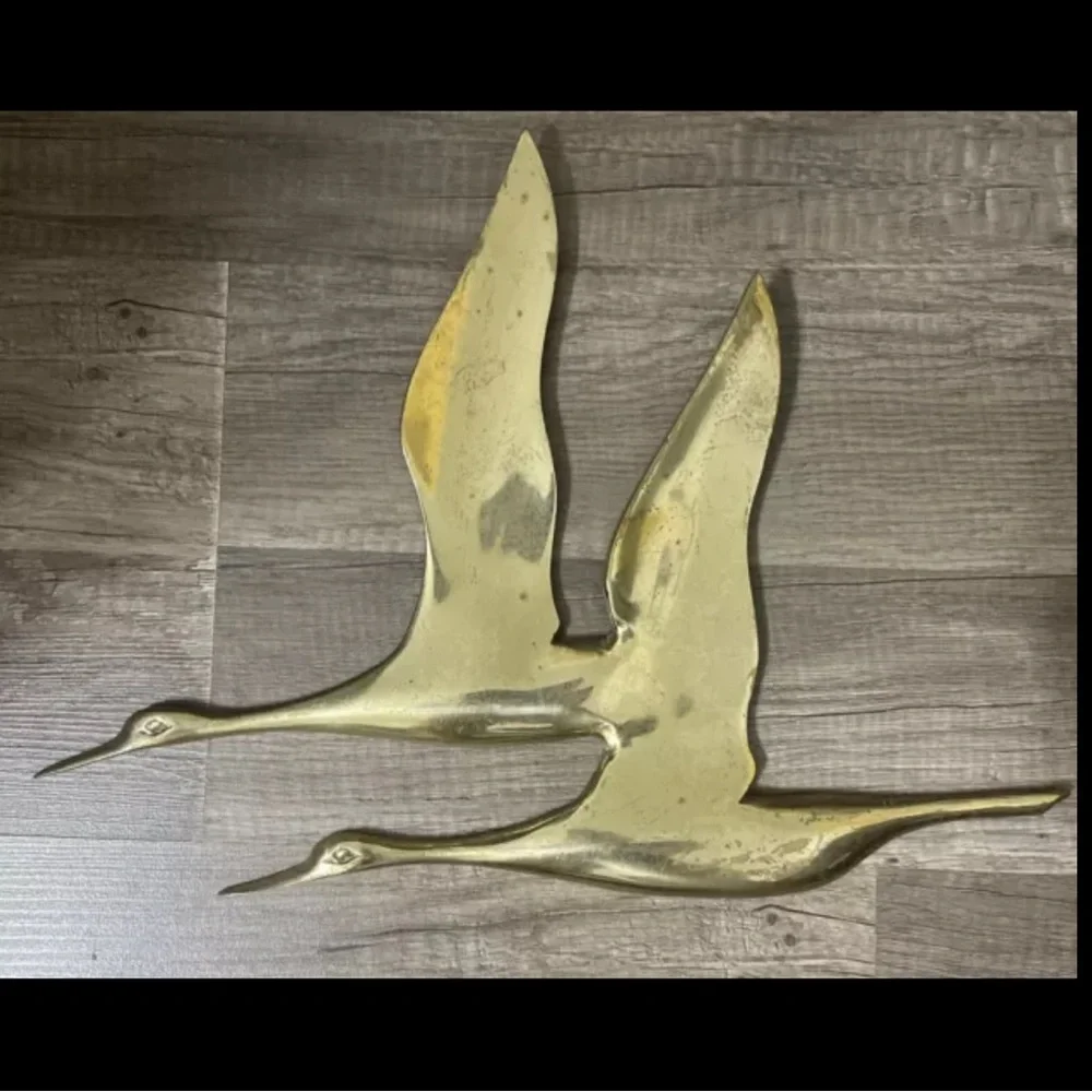 VTG✨SOLID Brass Wall Hanging Birds MCM Decor Gold 2 Cranes flying Made In TAIWAN